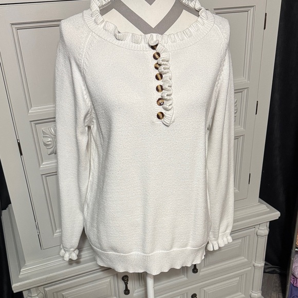 BTFBM Sweaters - BTFBM Women's White Ruffled Sweater with Brown Buttons Size Small